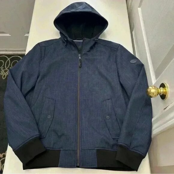 Guess Mens Bomber Jacket Hooded Casual Fall Navy Blue and Black Size Medium - Picture 12 of 12